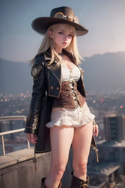 Nsfw, (8k,(best quality, masterpiece, ultra high res)1.2), (1girl, very cute teenager girls, steampunk fashion, steampunk brawn hat, steampunk white shirt, steampunk brawn skirt, steampunk brawn long-boots, steampunk accessories, steampunk brawn coat, baby...