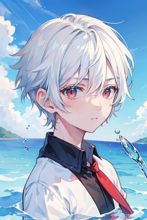 (hightquality, Breathtaking),(Expressive eyes, Perfect face), 1boy, Mans, Solo, Short, Young boy, short white hair, Red Eyes, ( watercolor paiting (Medium), Blue Sky Background, Water