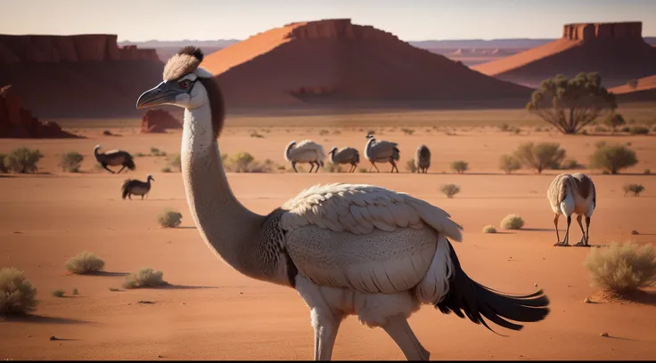 An Emu strides across the vast Australian outback, its long neck and legs adapted perfectly for covering large distances. With a curious gaze, it surveys the arid landscape, its unique appearance a testament to its role as the worlds second-largest bird an...