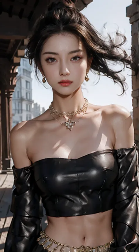 Top quality, Masterpiece, hyper HD, (reality: 1.4), Original photo, 1girll, Brown eyes, cropped shoulders, Cinematic lighting, Big, Dark eyeliner, Brown hair, Wind, necklace, nipple piercing, bangle, Abs,