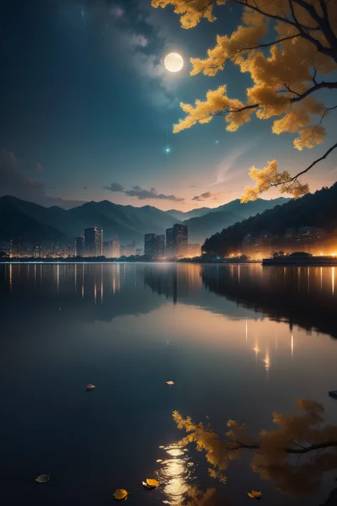 Sky, moonlight, starlight sprinkled on the lake，The lights of tall buildings in the distance reflect the lake，Layers of waves rise with the wind。The reflection in the lake fluctuates with the lake，Like a ribbon dancing in the wind，Like a grain of broken go...