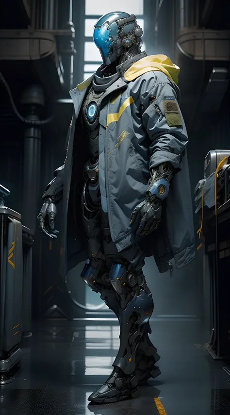 full body plane, a futuristic-looking ((blue chrome cyborg)) man with a fantastic ((square cyberhelmet head with blue lights)), mechanical feet, wearing a pair of ((iron gray tactical gloves)), dressed in a ((blue techwear jacket)), standing, facing the au...