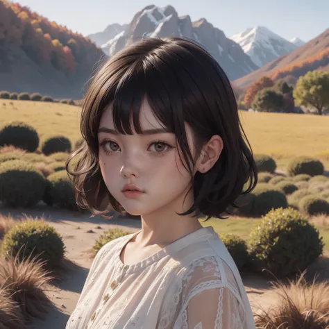 Very short hairstyle、Little fat girl、A dark-haired、short-haired、Angry face、sulky face、Autumn landscape、Hair illuminated by the sun、hitornfreckles