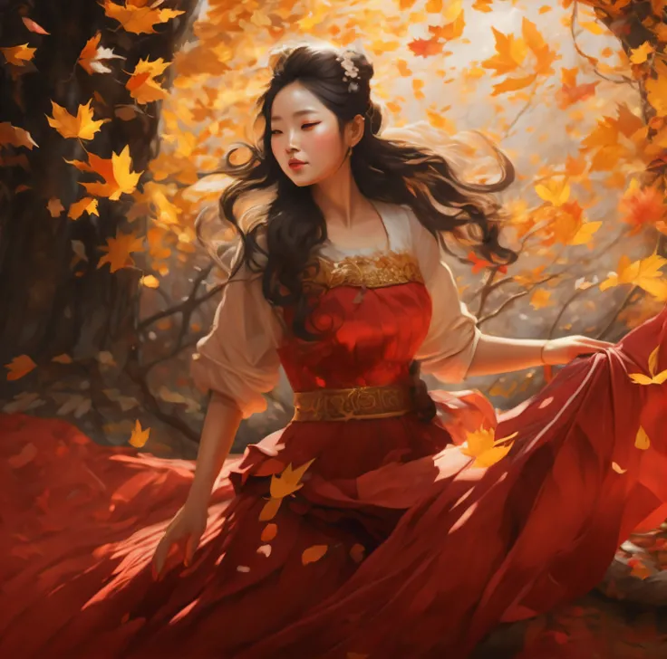 Painting a woman in a red dress surrounded by leaves, goddess of autumn, Beautiful character painting, autumnal empress, beautiful autumn spirit, Artgerm and Atey Ghailan, Autumn wind, by Yang J, Beautiful digital artwork, A beautiful artwork illustration,...