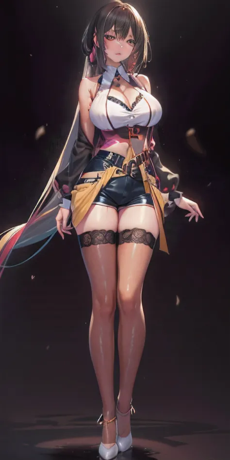 gyaru, Medium hair, Wet hair, hair slicked back, view the viewer, Multicolored eyes, Large breasts, Sleeveless shirt, Short shorts, The shirt, Neck garter, Sam_polypubic hair, Crotch_Cord,upper legs，blacksilk