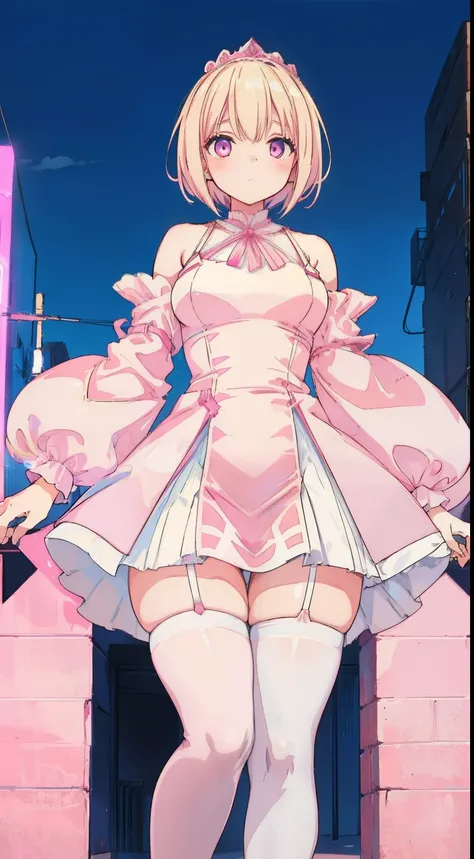 Girl, Short Shoulder Length Blonde Hair, Pink Dress, White Fringe, Thin Straps, Pink Thigh High Socks, wide hips, big thighs, hourglass figure, street background