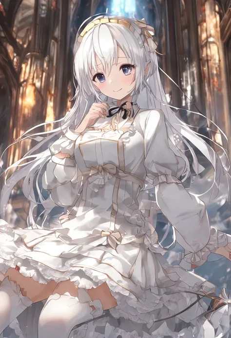 White hair, Anime Beautiful Girl，Long white stockings，the maid outfit，Lift the skirt to reveal white panties