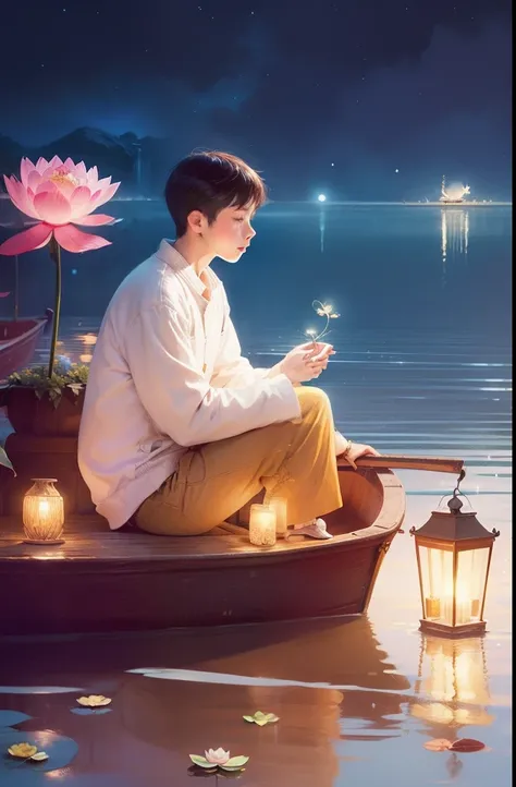 there was a boy sitting on a boat in the water, dreamlike illustration, sitting on a lotus flower, illustratio, illustrated in w...