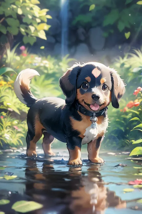 1 dachshund puppy, cute, outdoors, god rays,  kawaii, slice of life, studio ghibli, (masutepiece:1.2), (best quality:1.2), amazi...