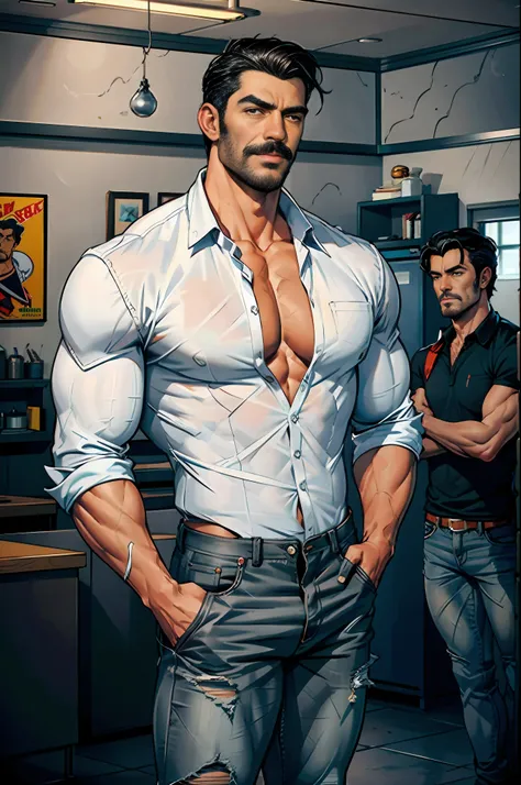 (original-art:1.2),(lineart:1.33), 1male, black hair, 1950s greaser, mature masculine muscular, handsome chisled facial features, muscular hairy body, 70s mustache, unbuttoned ripped white shirt, open shirt, taking his shirt off, un-zipped jeans, opened pa...