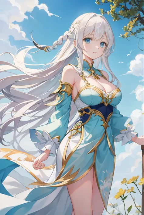 Masterpiece-level CG artwork，The painting style is fresh and soft。The theme is a beautiful girl with fairy air，Golden eyes with smooth and fair skin，The trimmed white coat patted in the wind，Long white hair dangling，The gesture of looking up at the sky is ...