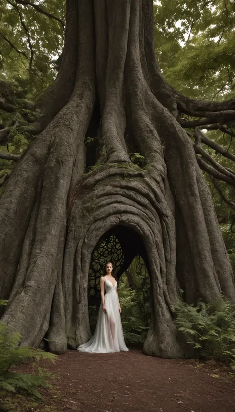 In a dense, shadowy forest where the trees loom tall and twisted, a faint, ethereal glow beckons from behind the foliage. Concealed amidst the underbrush and ancient tree trunks lies a sleek, futuristic cryochamber sleeping pod. Its modern, minimalist desi...