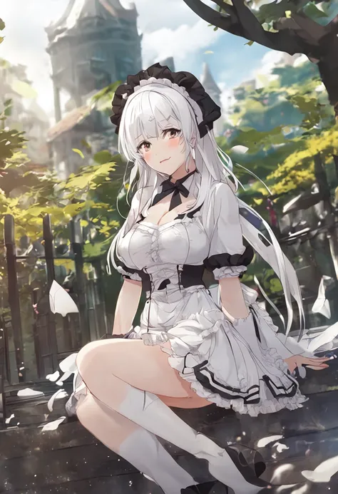 White hair, Anime Beautiful Girl，Long white stockings，the maid outfit，Lift the skirt with both hands in white panties