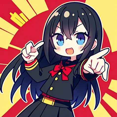 tmasterpiece, top-quality, pointing finger，1girll，anime girl with black hair，Long black and blue hair，eBlue eyes ，Big eyes，College uniforms，Red solid background