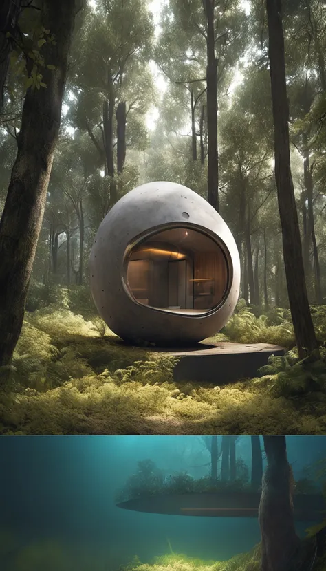 In a dense, shadowy forest where the trees loom tall and twisted, a faint, ethereal glow beckons from behind the foliage. Concealed amidst the underbrush and ancient tree trunks lies a sleek, futuristic cryochamber sleeping pod. Its modern, minimalist desi...