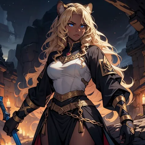 Dark Skin Woman. Leopard Woman. Blue eyes. Blond hair. Dark skin Woman. Medieval art. Curly Hair. Curly Blond Hair. Alone. DARK SKIN. Leopard Ears. Warrior Clothes. Cave at night background