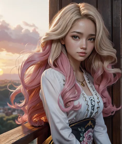 (a painting of a woman with long hair), digital art, inspired by Ross Tran, long fluffy blond curly hair, soft sunset lighting, beautiful art uhd 4k, detailed dress and face, pink girl, realistic cute girl painting, magali villeneuve wavy hair, ultra reali...