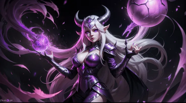 Syndra from League of Legends, white long hair, with horned mask, purple eyes with purple light, big black orbs in her hands