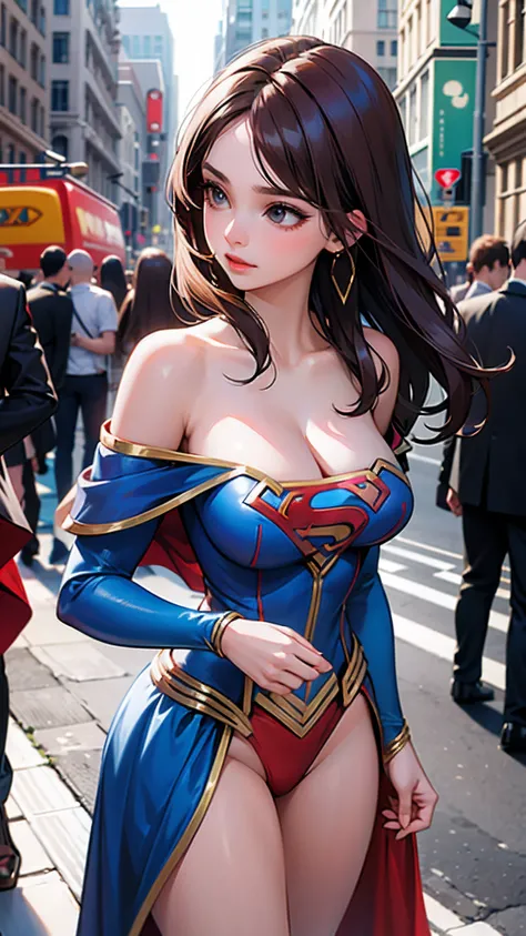 1gril,Woman body set big breasts,Supergirl costume dress,Cut clothes,Close-up,Off-the-shoulder attire,Charming,perfect bodies,the street,nabel,brunette color hair