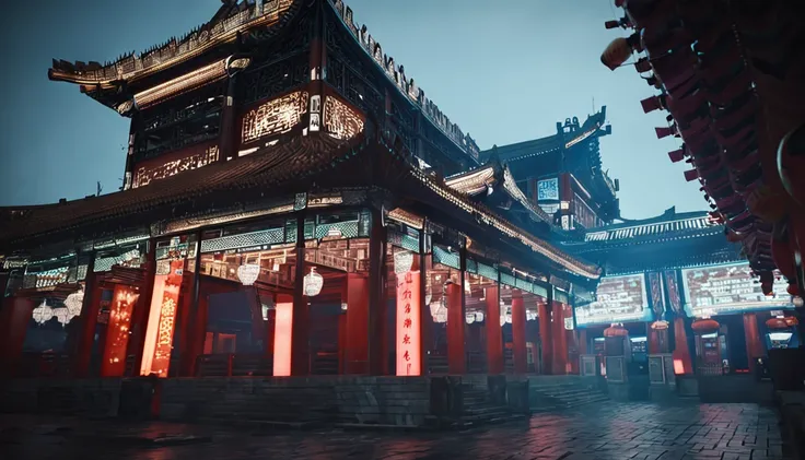 Drum Tower，Beijing Drum Tower，Chinese Drum Tower，Ancient buildings，Combined with modern cities，New Chinese，Cyberpunk blue and white lights，cinematic Film still from，Photorealsitic，8K