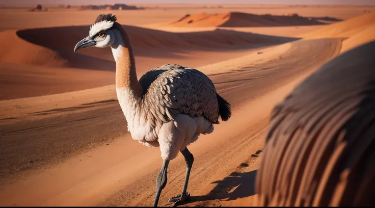 An Emu strides across the vast Australian outback, its long neck and legs adapted perfectly for covering large distances. With a curious gaze, it surveys the arid landscape, its unique appearance a testament to its role as the worlds second-largest bird an...