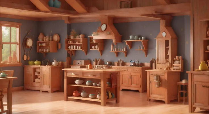 there is a room with a lot of wooden furniture and a clock, rendered in arnold, old kitchen backdrop angled view, 3 d render stylized, stylized 3d render, stylized as a 3d render, render in pixar, 3 d stylize scene, rendered in maya, rendered in renderman,...