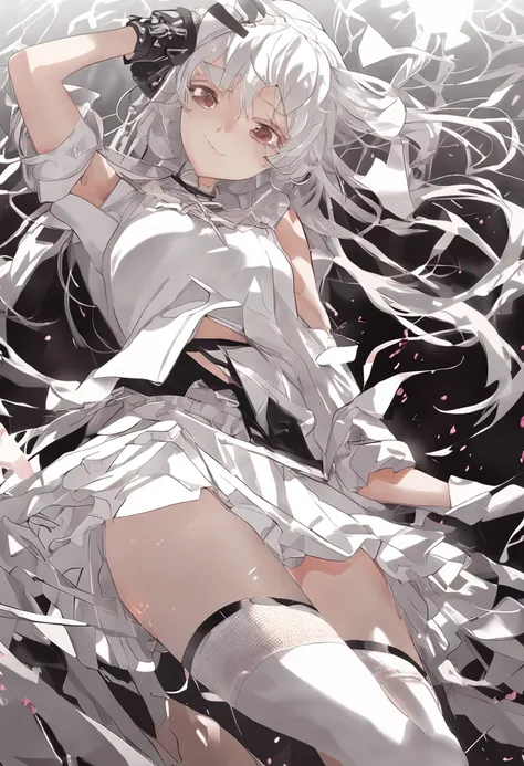 White hair, Anime Beautiful Girl，Long white fishnet stockings，Lift the skirt with both hands，White panties leaking out