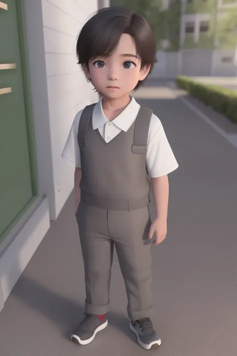 there is a young boy standing in front of a building, maxwell render, arnold maya render, single character full body, full body character, full body shot hyperdetailed, full body render, full body single character, maya render, character full body portrait...