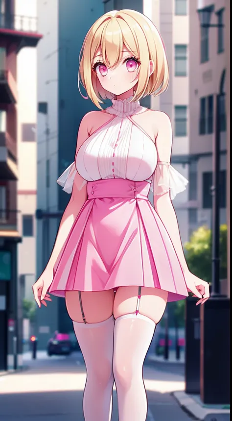 girl, short shoulder length blonde hair, pink dress, white fringe, thin straps, pink thigh high socks, wide hips, big thighs, ho...