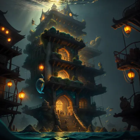 (underwater water world), there is a picture of an underwater scene with a castle, underwater city, underwater temple, underwater city, underwater temple, underwater temple with fish, masterpiece underwater scene, underwater temple The scene, the lost city...