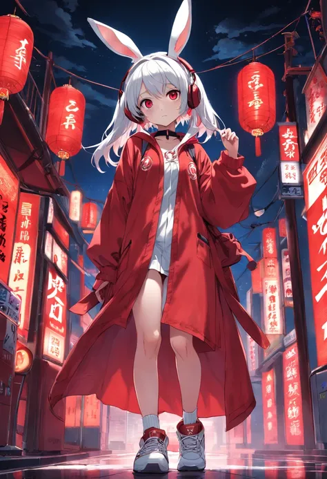 (White rabbit:1.2, Machine crescent:1.2, Hang lanterns,Red robe,wearing headphone,Stylish sneakers:1.1,Night neon effect)