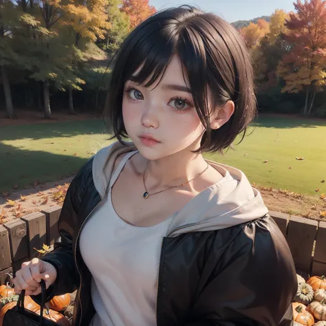 drooing eyes、short hairstyle、Little fat girl、A dark-haired、short-haired、Embarrassed face、Autumn landscape、Hair illuminated by the sun、hitornfreckles、Halloween Costumes、