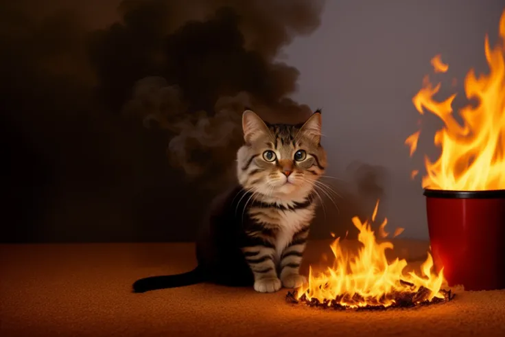 (Best quality: 1.23), (Masterpiece: 1.12), (Reality: 1.24), (Anthropomorphic cat: 1.5) holding a coffee cup, sitting in a robe, eating breakfast, holding a coffee cup, hat, granules, volumetric lighting, room burning, floor and chairs on fire, lots of gadg...