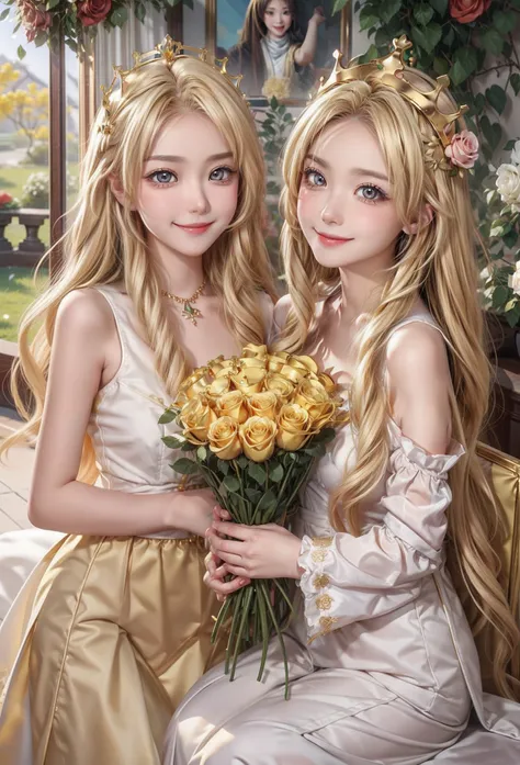 only the smile of 2 cute girls、duo,golden eyes、golden hair、full of roses、crowns、