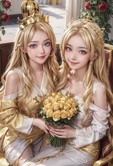 only the smile of 2 cute girls、duo,golden eyes、golden hair、full of roses、crowns、