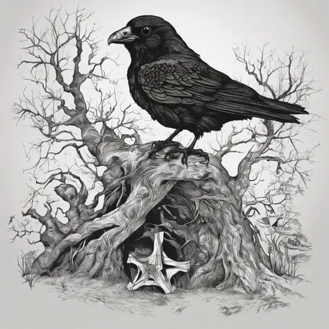 a black bird sitting on top of a skull next to a tree, crows as a symbol of death, arte escura altamente detalhada, just art for dark metal music, arte macabra, Arte digital escura, mas detalhada, vida e morte se misturando, Old - Arte de fantasia sombria ...