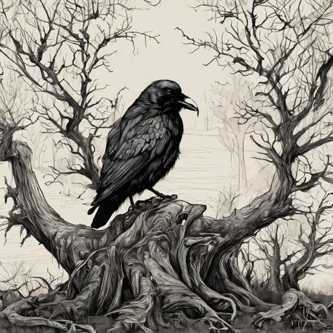 a black bird sitting on top of a skull next to a tree, crows as a symbol of death, arte escura altamente detalhada, just art for dark metal music, arte macabra, Arte digital escura, mas detalhada, vida e morte se misturando, Old - Arte de fantasia sombria ...