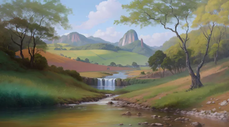 pintura de um rio que atravessa um vale verde exuberante com montanhas ao fundo, colinas fluidas, 8k resolution digital painting, 8k resolution digital painting, Pintura digital 4K, Pintura digital 4k, pintura digital detalhada, baixo detalhamento. pintura...