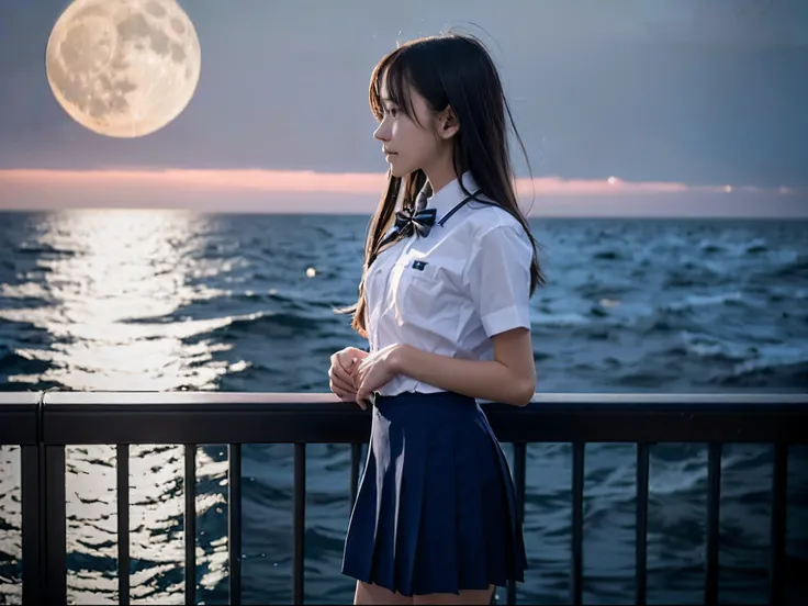 (Profile of one girl with slender small breasts in school uniform:1.5)、(Girl with hair swaying in the wind staring at the big full moon with a sad expression 1.3)、(Large full moon reflected in the sea at night :1.3)、(Perfect Anatomy:1.3)、(complete hands:1....