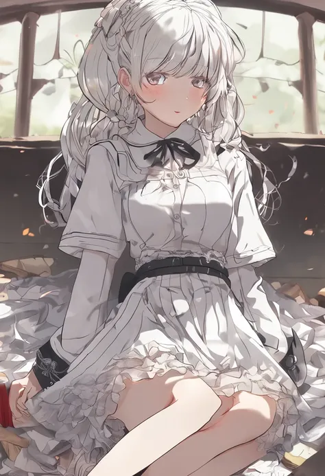 White hair, Anime Beautiful Girl，Long white fishnet socks，Superskirt，Sitting