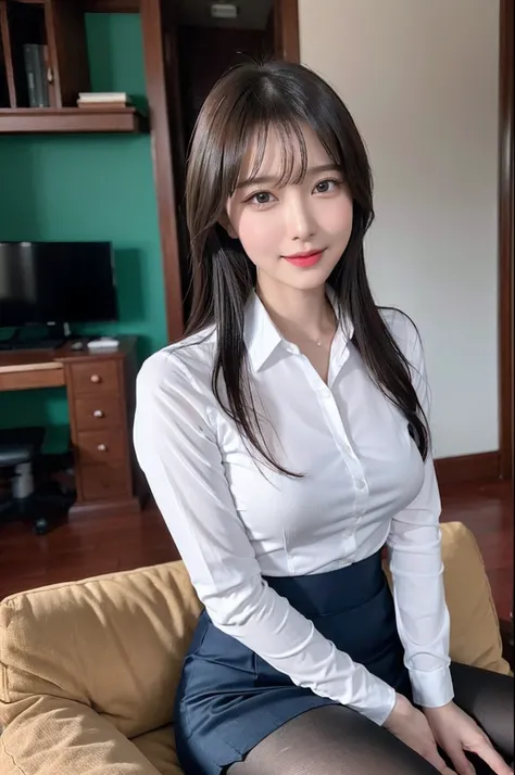 There is an office lady sitting cross-legged on the sofa, (Wearing pantyhose,Realistic Pantyhose)、Skirt and thighs、wearing a vest、White ultra-thin shirt、in a strict suit, Poses variadas, 30 year old female, 3 0 years old woman, 165 cm tall, Full legs、A smi...