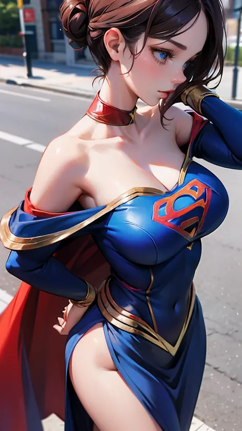 1gril，Woman body set big breasts，Supergirl costume dress，Cut clothes，Close-up，Off-the-shoulder attire，Charming，perfect bodies，the street，nabel，brunette color hair