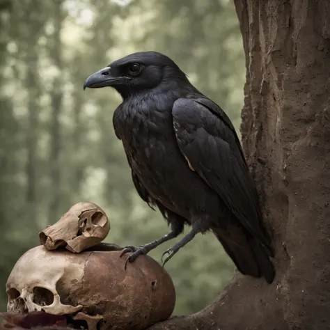 a black bird sitting on top of a skull next to a tree, crows as a symbol of death, arte escura altamente detalhada, just art for dark metal music, arte macabra, Arte digital escura, mas detalhada, vida e morte se misturando, Old - Arte de fantasia sombria ...