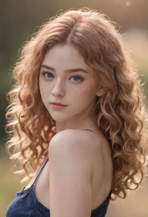 (One lady)、kawaii、A sexy、"Full body portrait of attractive 17 year old girl with hay-colored curly hair, Hairstyles in the late 80s, Small freckles, Beautiful face, Seductive dark blue eyes, Large bust size, Show its natural beauty."