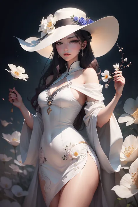 There is one wearing a white hat，Woman holding a flower in her hand, Guviz-style artwork, elegant digital painting, Beautiful character painting, Beautiful digital illustration, A beautiful artwork illustration, author：Fan Qi, Exquisite digital illustratio...