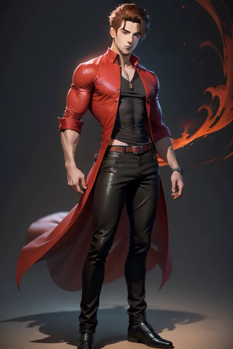 arafed image of a man anime, wearing dress red shirt and black pant, blue eyed, modeled in signature poser, brown hairs, full body single character, full body character, single character full body, maxwell render, full body render, male character,  high re...