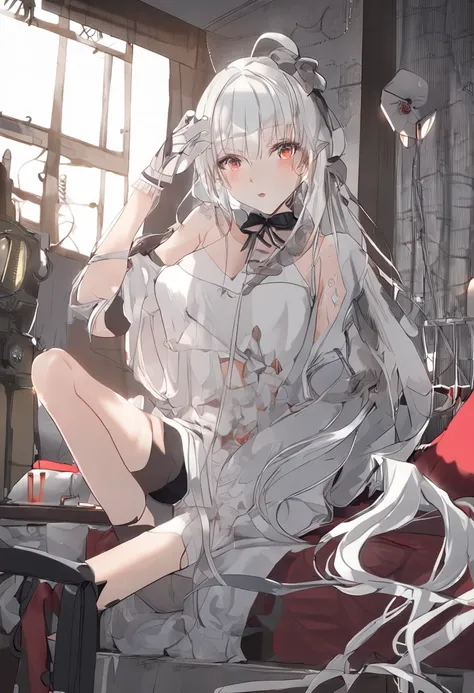 White hair, Anime Beautiful Girl，Long white fishnet socks，Superskirt，Spread your legs，Go to bed