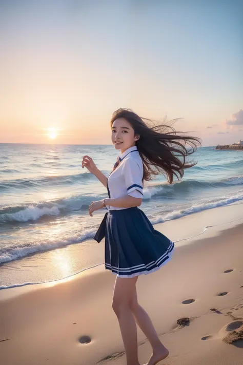 (top-quality、8K、32K、​masterpiece）Beautuful Women、Unusual look、in school uniform、Sunset,sea side、Hair fluttering in the wind、Walking on the sandy beach