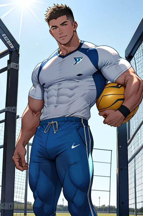 Draw a full-fledged athlete，Stand on the central field of the gym，He wears high-end sportswear，The man looks confident and determined，rays of sunshine，cheerful big breasts，Handsome，Crew cut，full bodyesbian，shooting from below，