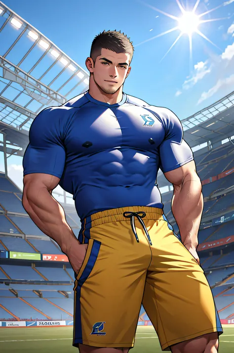 Draw a full-fledged athlete，Stand on the central field of the gym，He wears high-end sportswear，The man looks confident and determined，rays of sunshine，cheerful big breasts，Handsome，Crew cut，full bodyesbian，shooting from below，